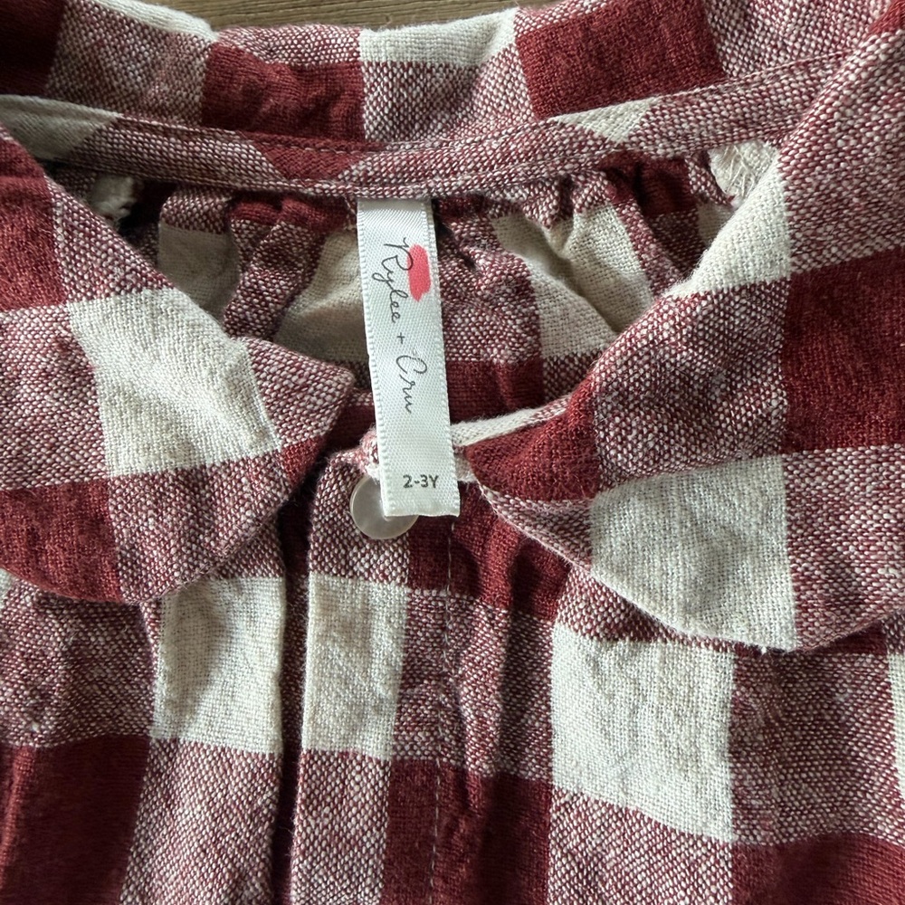 Rylee + Cru Burgundy and Cream Checkered Shirt and bloomers set, linen 2-3y - Picture 2 of 7